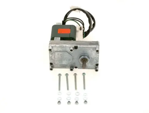 Bosch Motor mit einem Gehäuse, Montageflansch und mehreren Schrauben und Unterlegscheiben, für mechanische Anwendungen konzipiert. Kabelanschluss sichtbar.